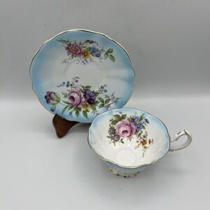 Vtg Queen Anne Cup Saucer Turquoise Blue Floral Cabbage Rose Footed Gold‎ Trim